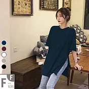 【MsMore】韓國網美最愛修身側邊開衩排扣長版五分袖棉T#j104058F寶藍