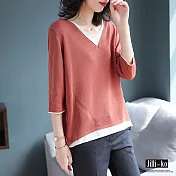 【Jilli~ko】假兩件V領薄款針織衫 J6872　FREE紅色