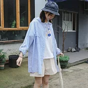【良池】連帽條紋寬版襯衫式防晒外套(2色)   FREE藍條