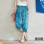 【潘克拉】鬆緊腰石洗染飛鼠短褲 TM1083 FREE藍色