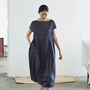 旅途原品_瓜田裡_原創設計雙色色織棉麻連衣裙 M/L/XL　M深藍色