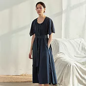 旅途原品_知了_原創設計純棉束腰連衣裙 M/L/XL　L藏藍色