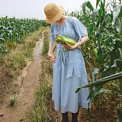 旅途原品_知了_原創設計純棉束腰連衣裙 M/L/XL　M淺藍色