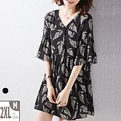 【MsMore】韓國都會輕盈V領喇叭袖碎花雪紡短袖上衣#104557M黑