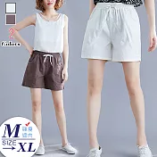 【A.Cheter】韓國彈性冰涼單排釦鬆緊腰激瘦水洗棉麻短褲#104606L白