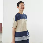 旅途原品_湖色_原創設計三色亞麻拼接上衣 M/XL　M淺杏