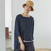 旅途原品_夏悠悠_原創設計亞麻方領七分袖上衣 M/L/XL　M藏藍色