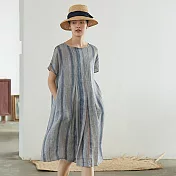 旅途原品_醞釀_原創設計苧麻條紋印花連衣裙 M/L/XL　M花色