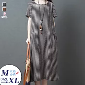 【A.Cheter】日本淺草斜裁口袋涼爽棉麻寬鬆條紋洋裝#104632M深灰