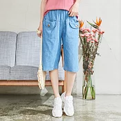 【慢。生活】鬆緊牛仔寬版六分短褲 11703　FREE藍色