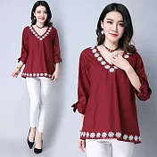 【NUMI】型-春夏花卉圓領連衣裙-藏青色-51016(M-2XL可選)M酒紅色