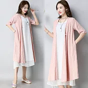 【NuMi】型-文藝棉麻緹花長版外套-粉紅-51775-(M-2XL可選)M粉紅