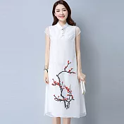 【NUMI】型-復古典雅梅花刺繡連衣裙-共2色-51267(M-2XL可選)M白色