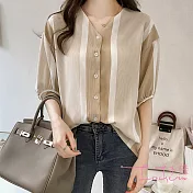 【Lockers 木櫃】韓風V領亞麻拚色條紋上衣(3色)黃色