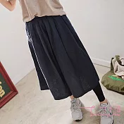 【Lockers 木櫃】復古文藝純色鬆緊腰棉麻七分闊腿褲-3色藏青色