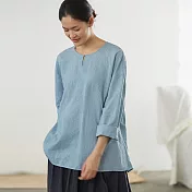 旅途原品_草木生活_原創設計苧麻棉重工繡花T恤 M/L/XL　M淺藍色