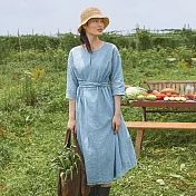 旅途原品_夏季庭院_原創設計苧麻棉重工繡花連衣裙 M/L/XL　M淺藍色
