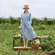 旅途原品_風和自由_原創設計雙面穿V領色織亞麻連衣裙 M/L/XL　M淺藍色