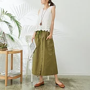 【慢。生活】鬆緊檔布開衩棉料寬褲 K1801　FREE綠色