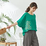 【慢。生活】蒲公英刺繡蝙蝠袖上衣 3922　FREE綠色