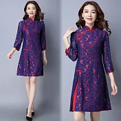 【NUMI】森-蕾絲拼接盤扣七分袖連衣裙-藍紅色-50646(M-2XL可選)M藍紅色