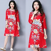 【NUMI】森-時尚印花下擺拼接圓領連衣裙-共2色-50738(M-2XL可選)M紅色