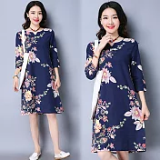 【NUMI】森-時尚印花下擺拼接圓領連衣裙-共2色-50738(M-2XL可選)M藏青色