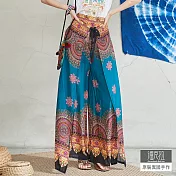 【潘克拉】半鬆緊一片式開衩寬褲 TM1001 FREE淺藍