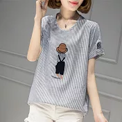 【初色】條紋插畫風造型T恤-共3色-93728(M-2XL可選)M藍色