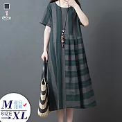 【A.Cheter】日本富良野直橫條拼接清爽棉麻短袖洋裝#104661M綠