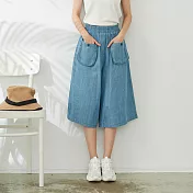 【慢。生活】鬆緊口袋七分單寧寬管褲 K1935　FREE淺藍