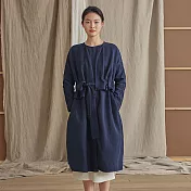 旅途原品_比海更深_原創設計棉麻假兩件繫帶風衣外套 M/L/XL　M藏青色