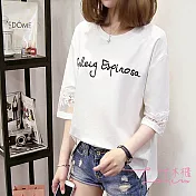 【Lockers 木櫃】韓版拼接半袖蕾絲字母刺繡寬鬆上衣/T恤-3色白