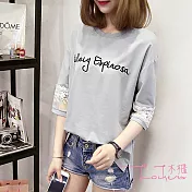 【Lockers 木櫃】韓版拼接半袖蕾絲字母刺繡寬鬆上衣/T恤-3色灰