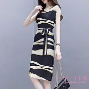 【Lockers 木櫃】法式流行時尚復古條紋連衣裙/洋裝棕