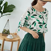 【慢。生活】樹葉印花鏤空肩袖上衣 3902 FREE綠色