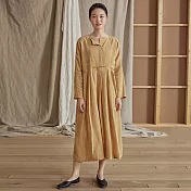 旅途原品_風吹麥浪_原創設計亞麻手工扣剪領連衣裙 M/L/XL　M香檳色