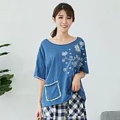 【慢。生活】竹節棉不收邊繡花T恤 8192 FREE藍色