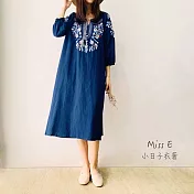 【Miss E】棉麻刺繡綁帶洋裝20010119F深藍
