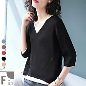 【MsMore】法國第五大道雙色拚織冰絲針織七分袖上衣#104839F黑