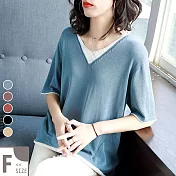 【MsMore】法國第五大道雙色拚織冰絲針織七分袖上衣#104839F藍