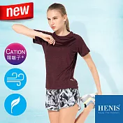 【HENIS】透涼純染 落肩修身 速乾機能排汗衫 (女款)M暗紅
