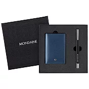 MONDAINE 瑞士國鐵牛皮名片夾(十字紋藍)+多功能磁性筆禮盒組