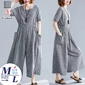 【A.Cheter】巴洛克修腰棋格棉麻短袖連身九分寬褲#104856M格子