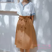 【Lockers 木櫃】花苞鬆緊腰綁袋裝飾單排釦半身A字裙-4色卡其