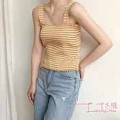 【Lockers 木櫃】小香風條紋木耳邊百搭修身針織吊帶背心-4色黃