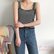 【Lockers 木櫃】小香風條紋木耳邊百搭修身針織吊帶背心-4色黑