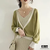 【Jilli~ko】薄款V領拼色針織衫 J7060 FREE綠色