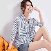 【初色】立領條紋七分袖襯衫-藏藍條-93956(M-2XL可選)M藏藍條