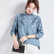 【初色】文藝刺繡長袖襯衫-藍色-93948(M-2XL可選)M藍色